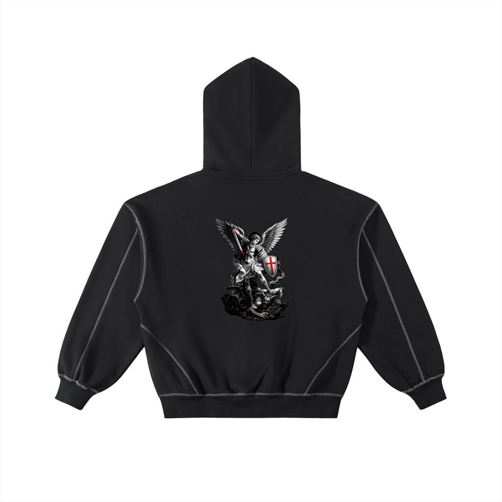 HESREAL "Triumph Over Evil" Contrast-Stitched Fleece Zip Hoodie