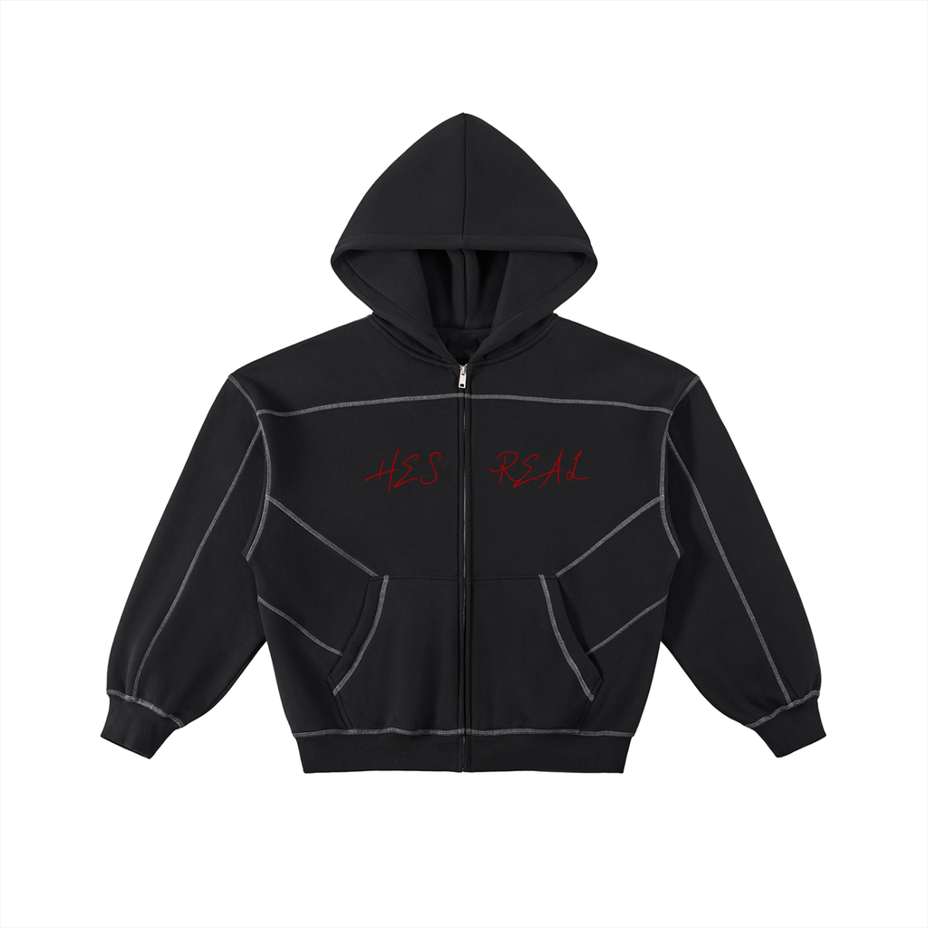 HESREAL "Triumph Over Evil" Contrast-Stitched Fleece Zip Hoodie