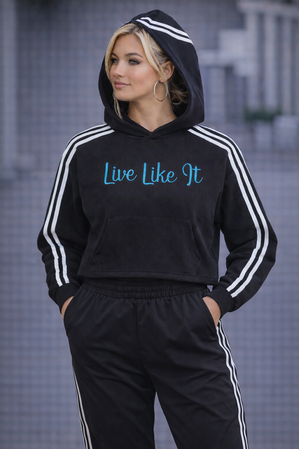 HES REAL/HER "LIve Like It" Side Stripe Cropped Hoodie