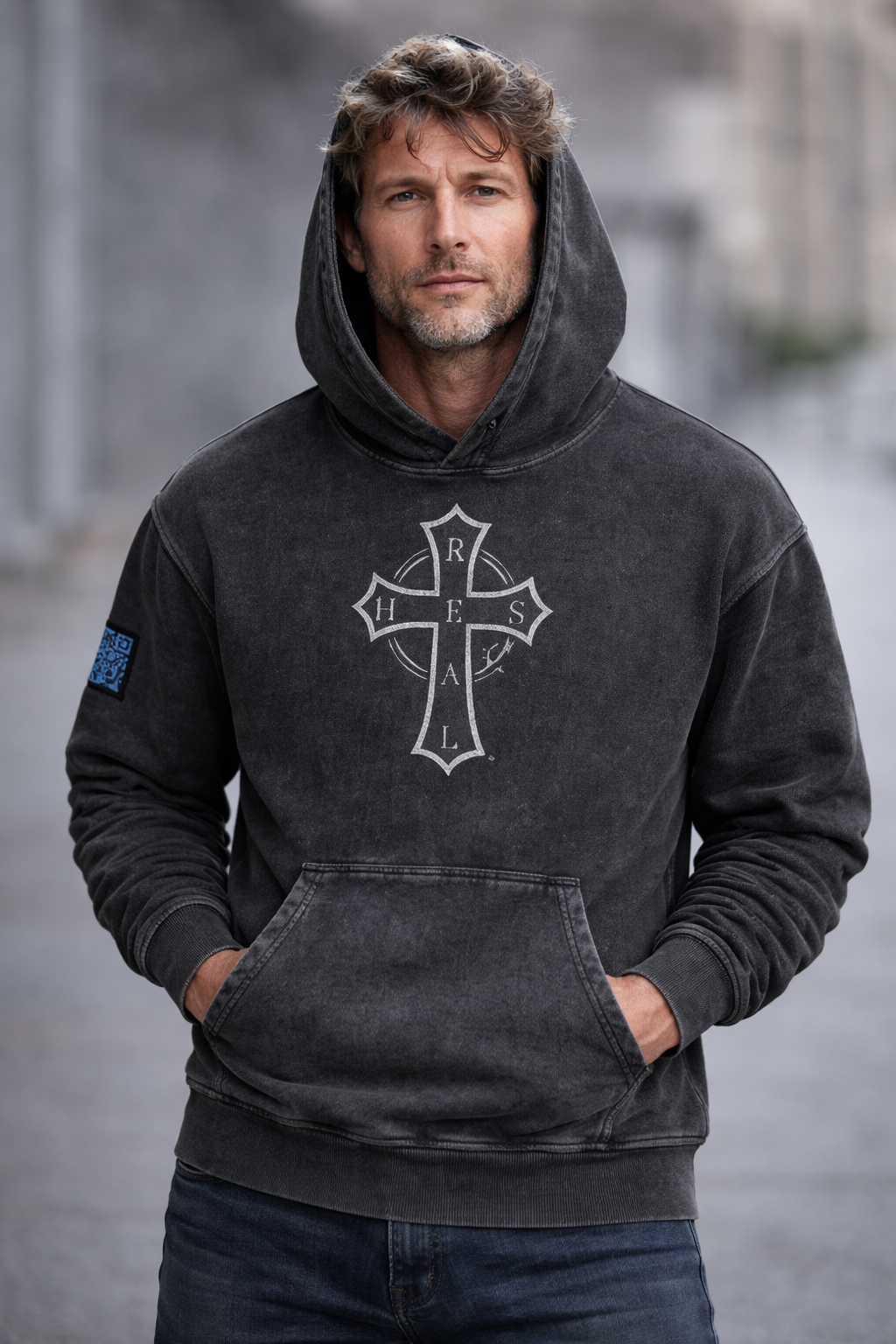 HESREAL "Cross"  Snow Washed Loose Cotton Hoodie